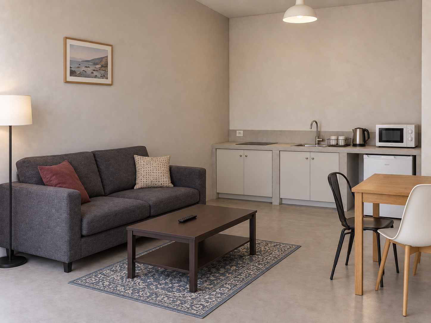 Simulación de un alojamiento amueblado, con sofá, mesa de centro, comedor y cocina, sin una identidad de diseño integrada.
