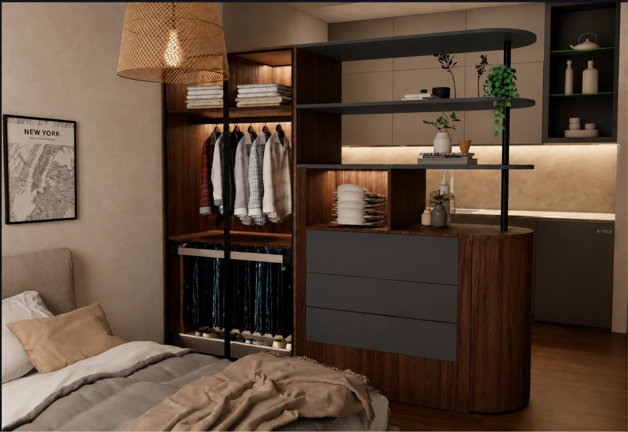 Render académico de un mueble multifuncional con placard, cajones y estantes abiertos entre la cama y la cocina.